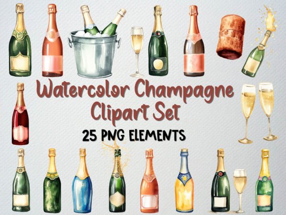 Download Watercolor Champagne Clipart Set, 25 PNG - Champagne clipart Collection